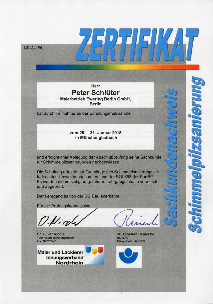 Mitarbeiter Zertifikat Peter Schlüter Bereich Schimmelpilzsanierung