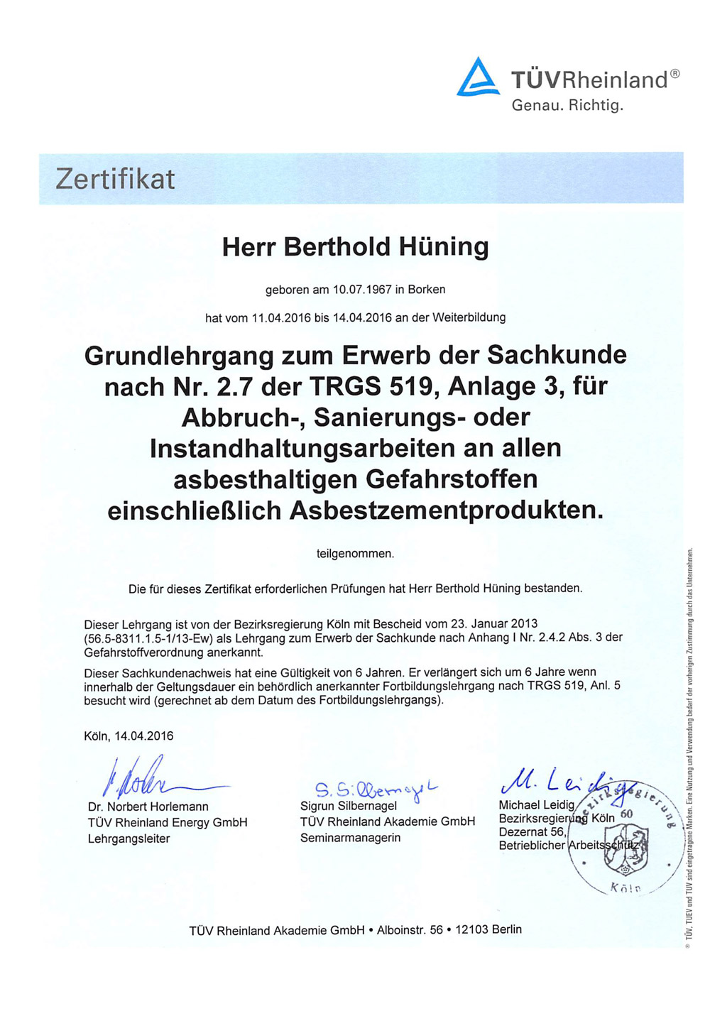 TÜV Rheinland Zertifikat Asbest Berthold Hüning Firma Ewering.