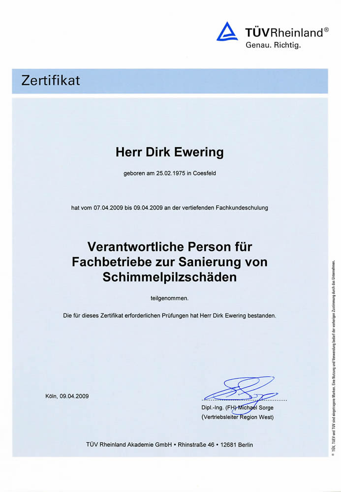 Zertifikat vom TÜVRheinland im Bereich der Schimmelpilzsanierung