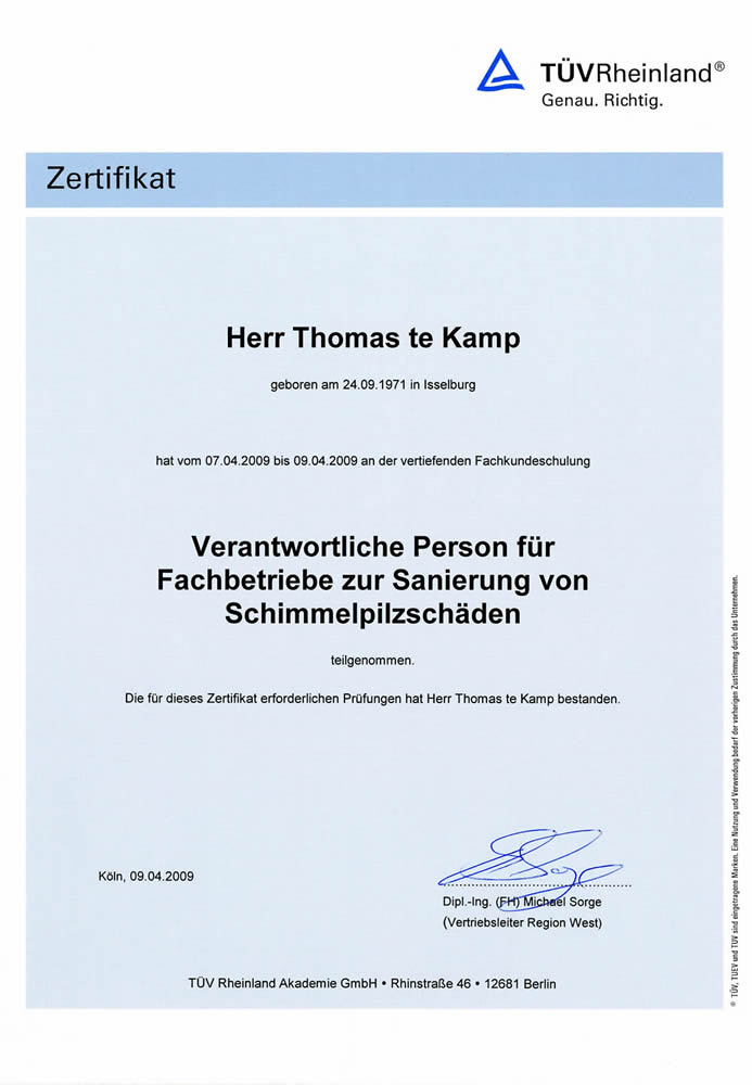 Zertifikat zur Sanierung von Schimmelplizschäden
