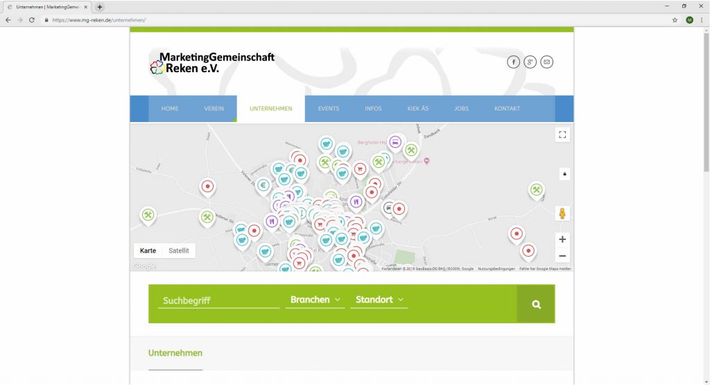 Infoseite Unternehmen Standorte Webdesign mg-reken.de Marketinggemeinschaft Reken