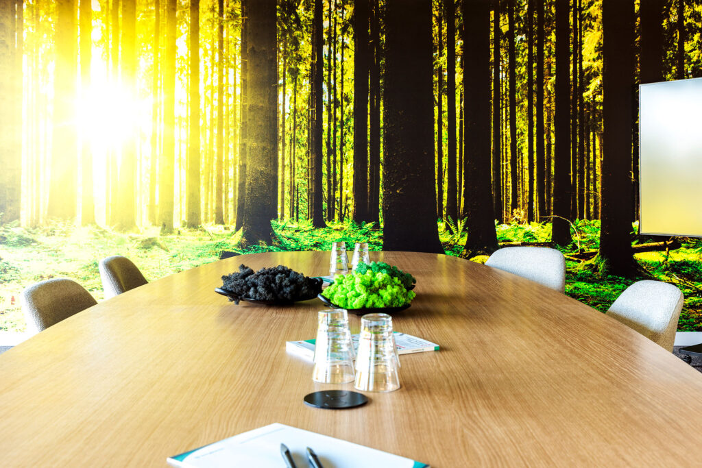 Referenz Malerarbeiten Fototapete Besprechungsraum Wald Panorama Sonnenstrahlen nah