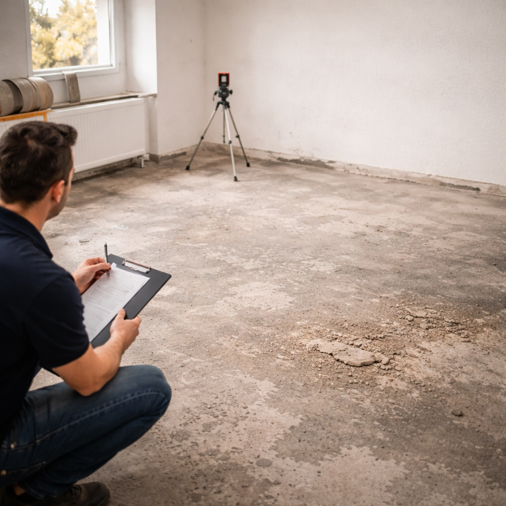 Prüfung eines Rohbodens mit Lasermessgerät und Aufmaß vor der Verlegung eines neuen Bodenbelags. Das Bild zeigt wichtige vorbereitende Bodenbelagsarbeiten im Bestandsraum.