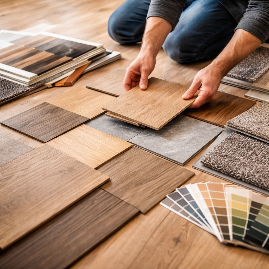Auswahl verschiedener Bodenmuster in Holzoptik, Steinoptik und Teppich für die passende Bodenlösung. Das Bild zeigt Bodenbelagsarbeiten in der Beratungs- und Bemusterungsphase.