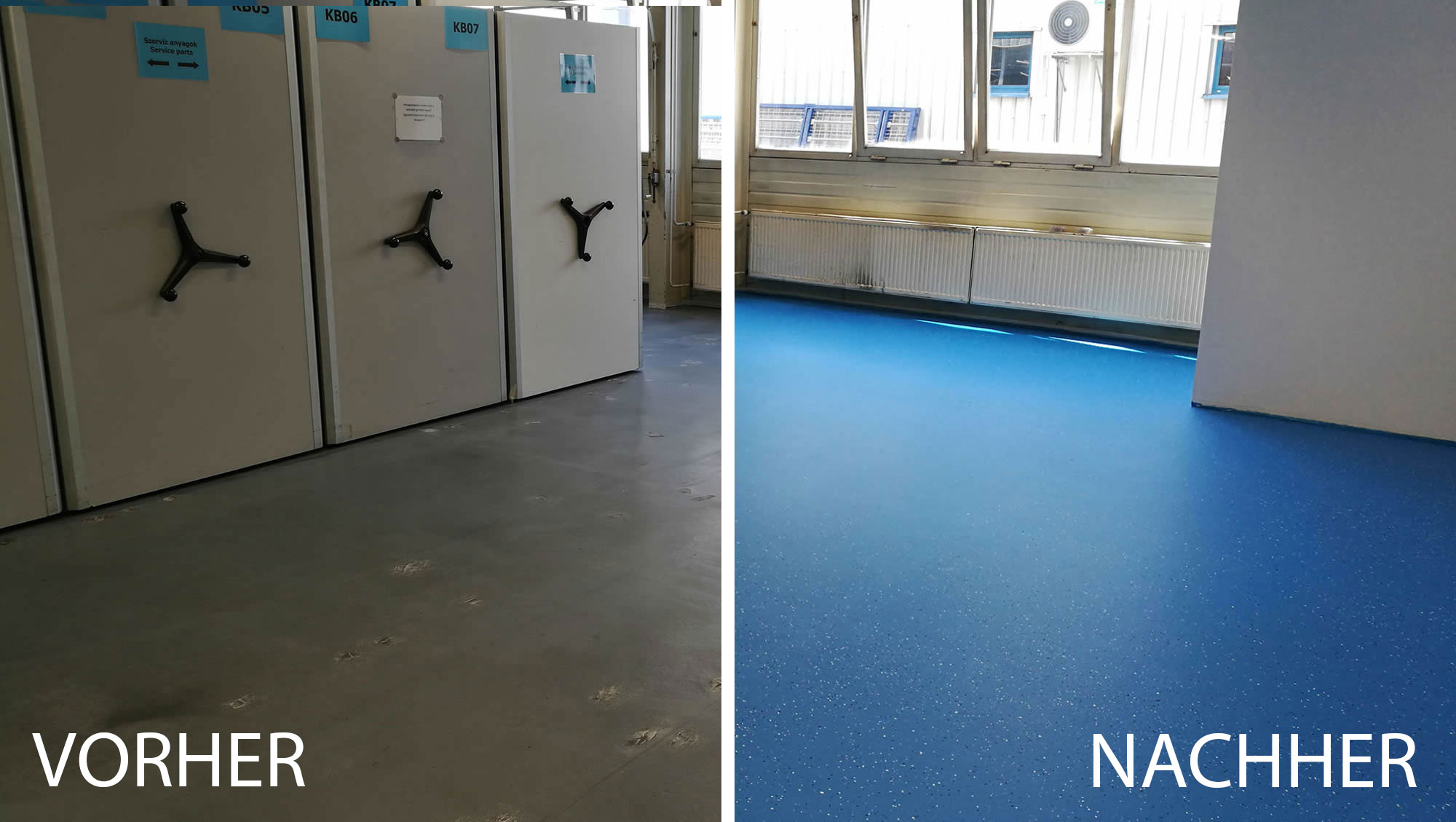 Vorher-Nachher-Vergleich eines Lagerraums mit blau aufbereitetem Bodenbelag. Das Bild zeigt Bodenbelagsarbeiten mit Dr. Schutz zur Sanierung und Beschichtung eines funktional genutzten Innenraums.