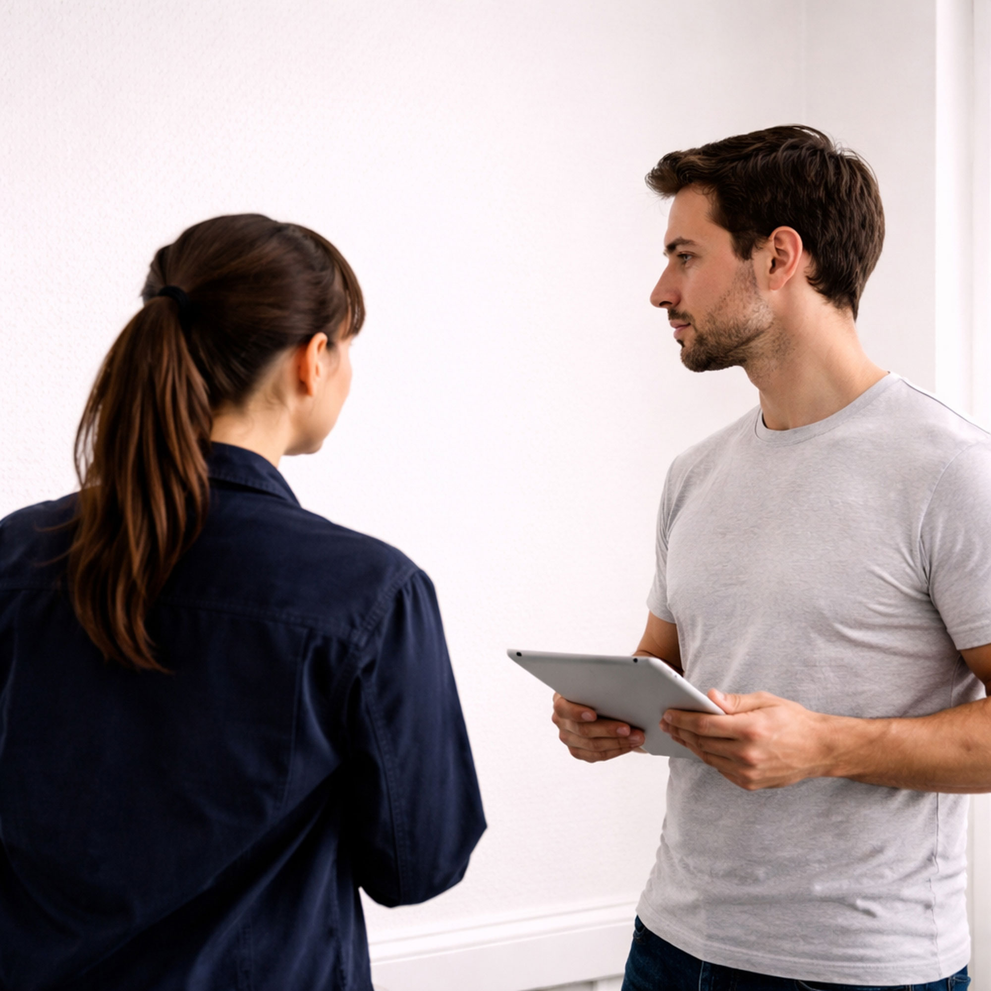 Zwei Personen besprechen in einem Innenraum die nächsten Schritte der Schadenbeseitigung, eine Person hält dabei ein Tablet in der Hand.