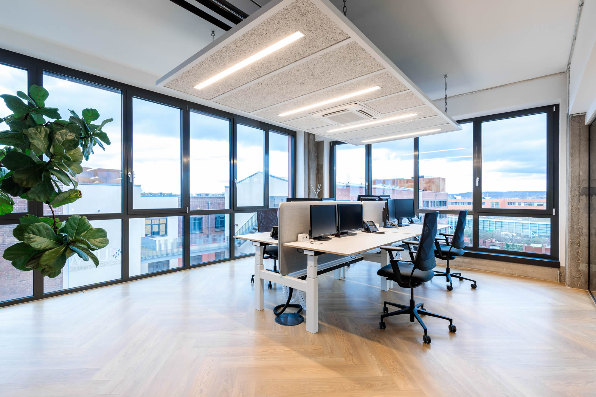 Modernes Büro mit sauber ausgeführten Bodenlegearbeiten auf einem hellen Holzboden. Zu sehen sind mehrere Arbeitsplätze mit weißen Schreibtischen und schwarzen Bürostühlen, große Fensterfronten mit viel Tageslicht sowie abgehängte Akustikelemente an der Decke. Die Aufnahme betont die hochwertige Ausführung des Bodenbelags im offenen Arbeitsbereich.
