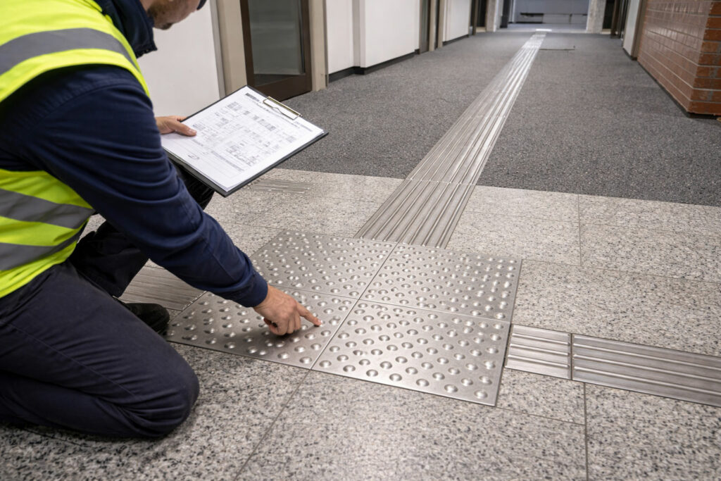 Mitarbeiter prüft ein Blindenleitsystem aus Edelstahl mit Noppen- und Rippenplatten in einem Flur.