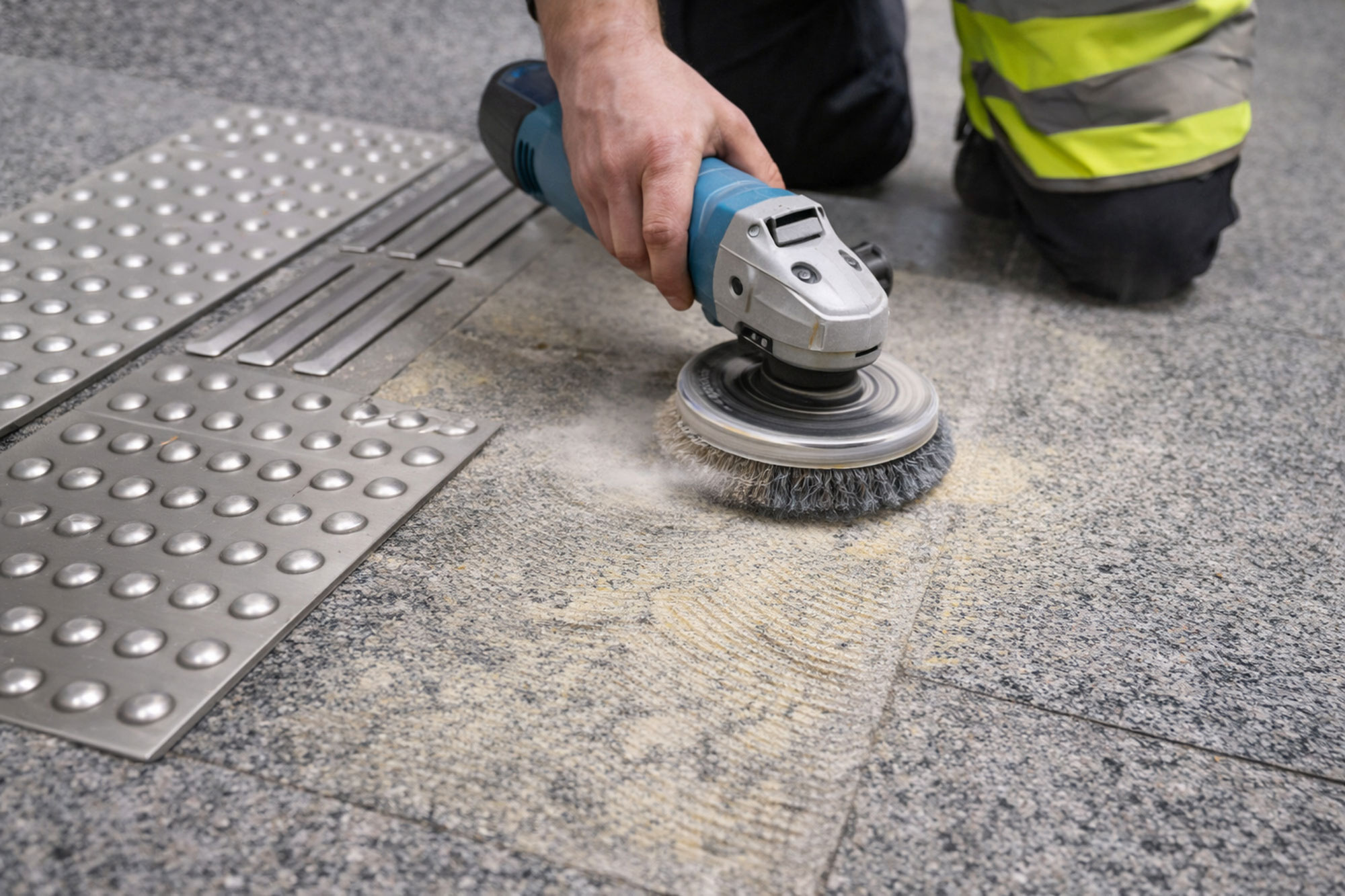 Handwerker entfernt Klebereste am Boden für ein Blindenleitsystem mit einer Schleifmaschine