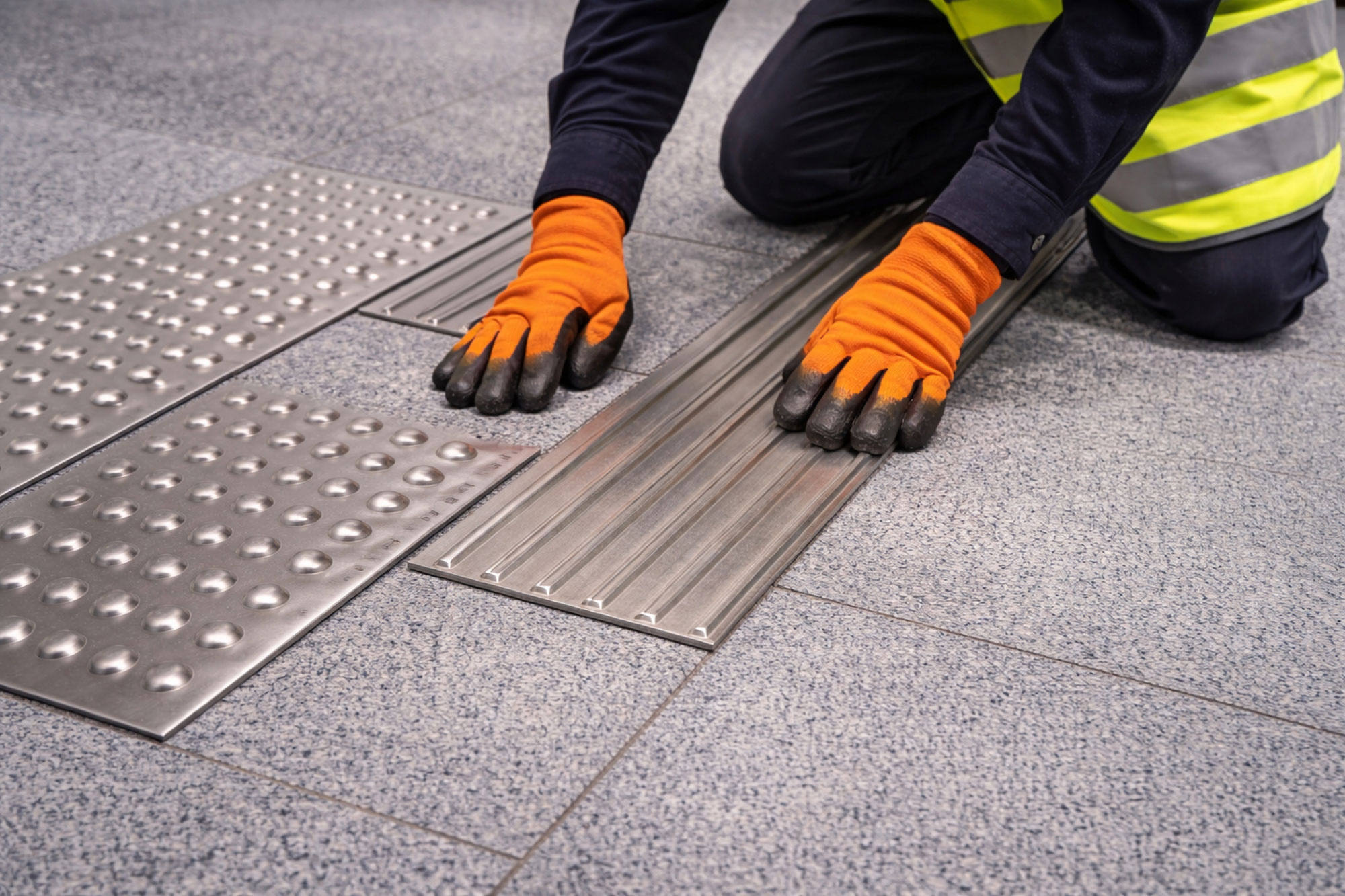 Ein Monteur setzt eine Rippenplatte als Leitstreifen in ein Blindenleitsystem ein.
