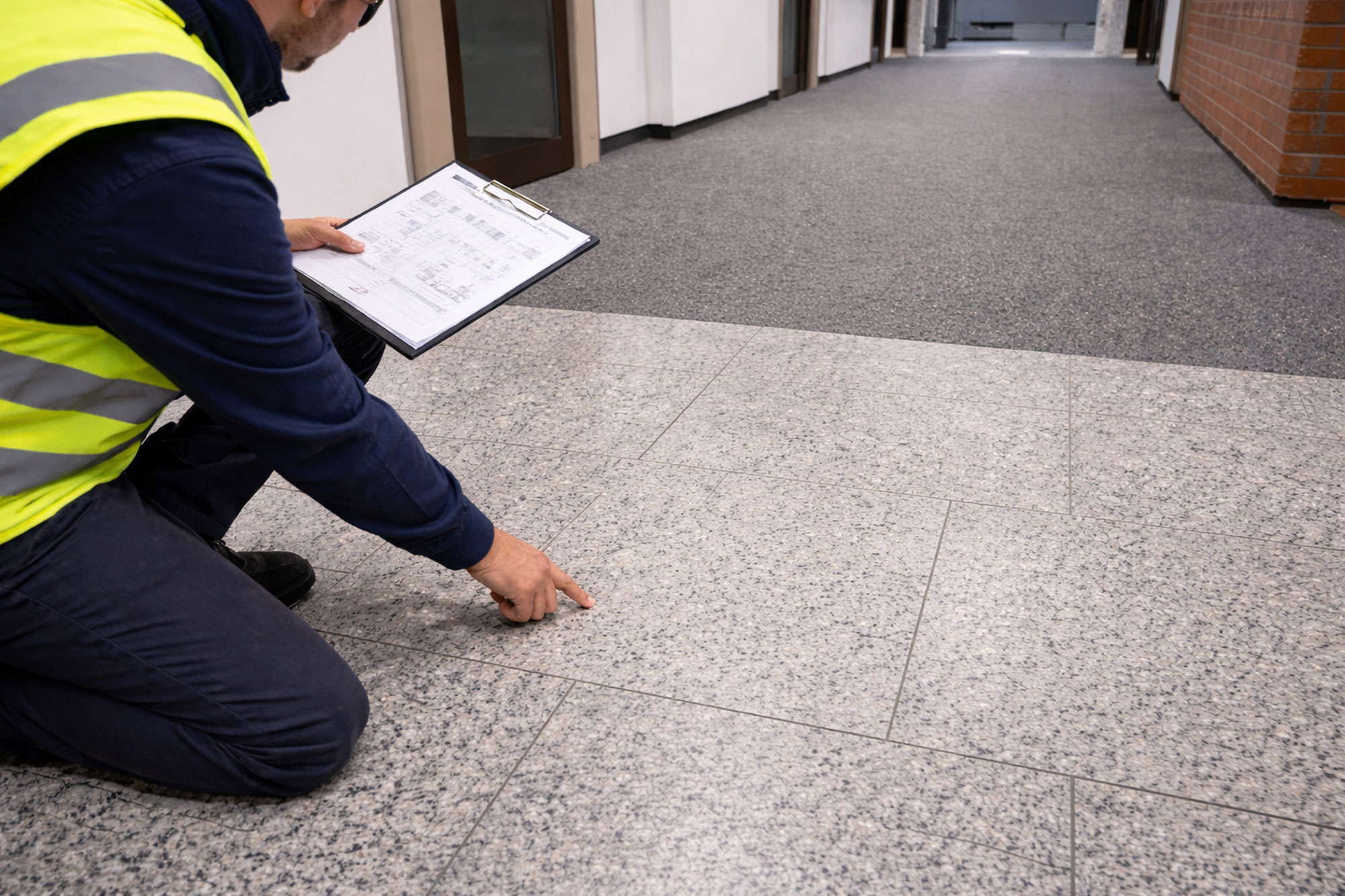 Fachkraft prüft im Flur den Boden für die Verlegung eines Blindenleitsystems.