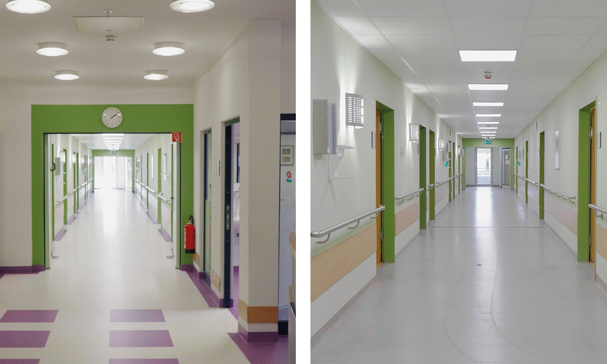 Vorher-Nachher-Ansicht eines Flurs im Altenpflegeheim nach der Bodensanierung.