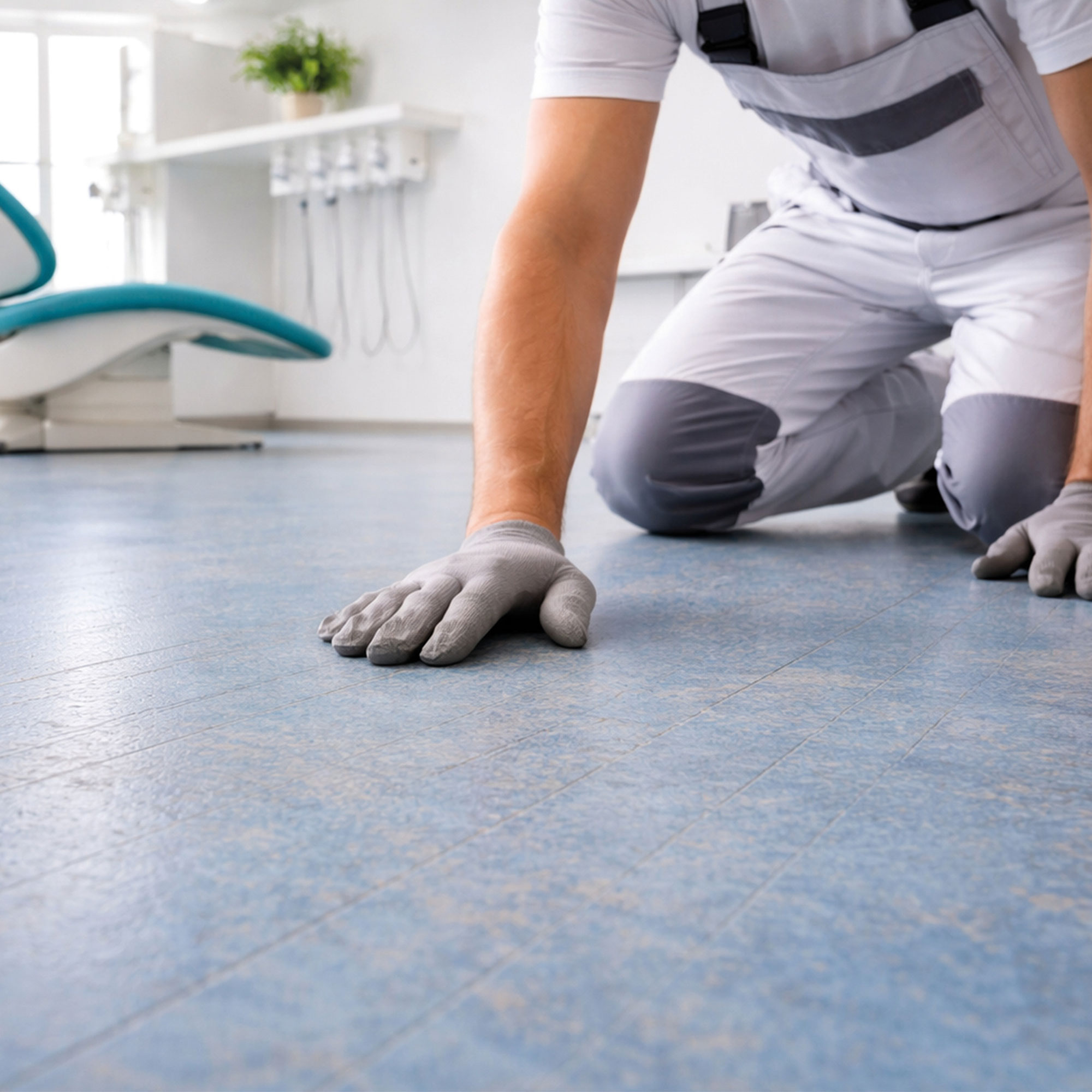 Fachkraft prüft einen blauen Bodenbelag im Innenraum vor der Bodensanierung.