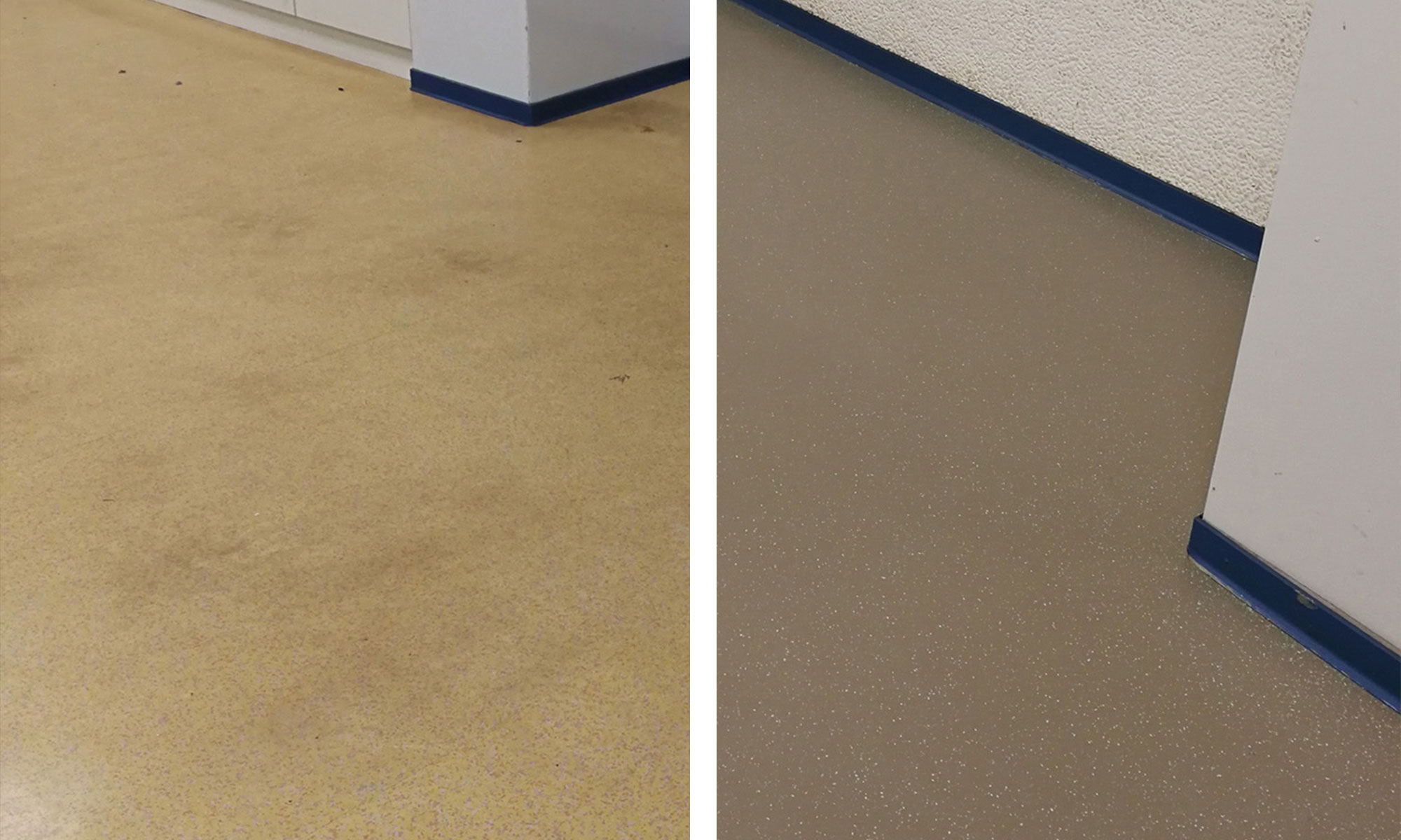 Vorher-Nachher-Bild eines Schulbodens nach der Sanierung in einer Grundschule.