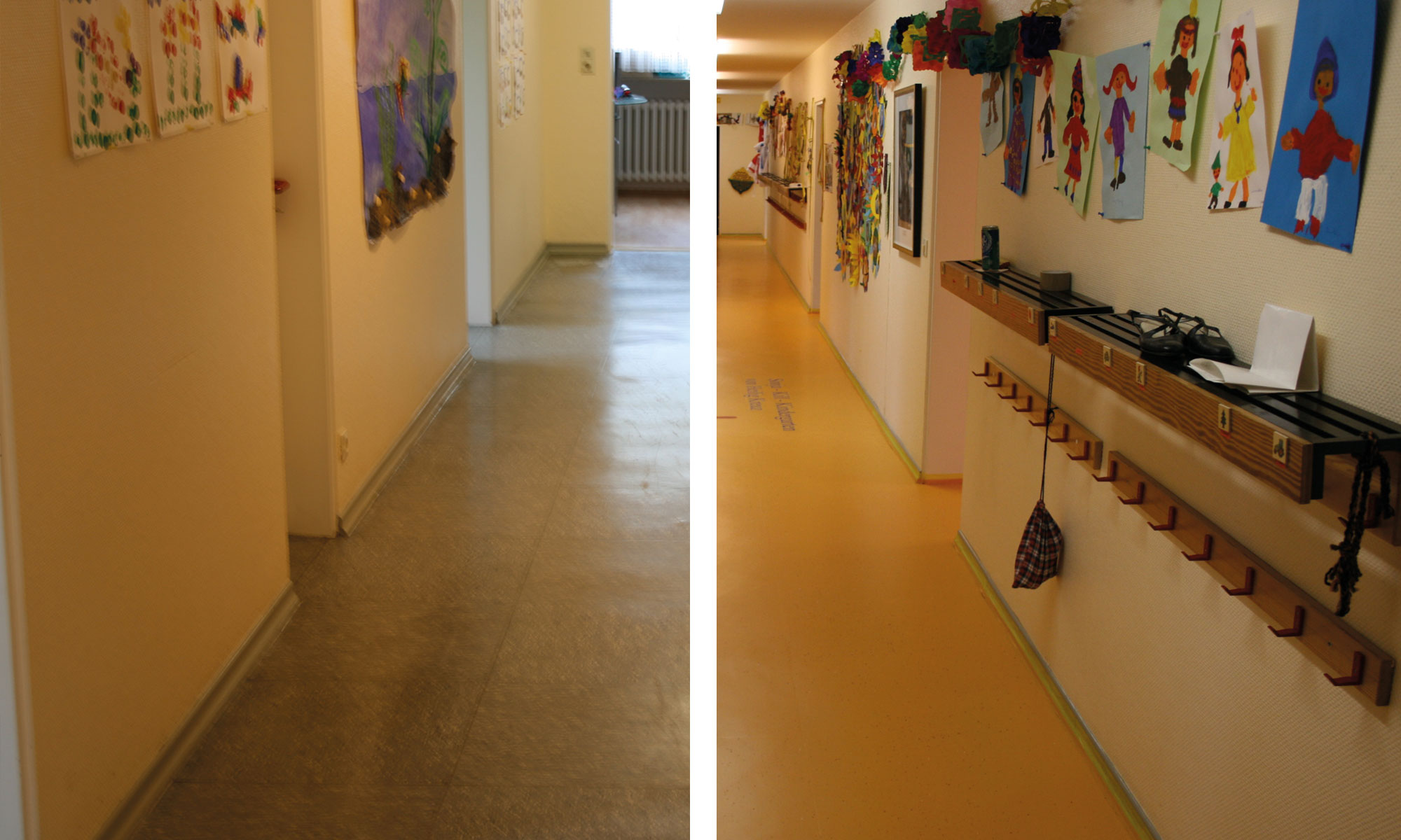 Vorher-Nachher-Bild eines Flurs in einer Kita nach der Bodensanierung.