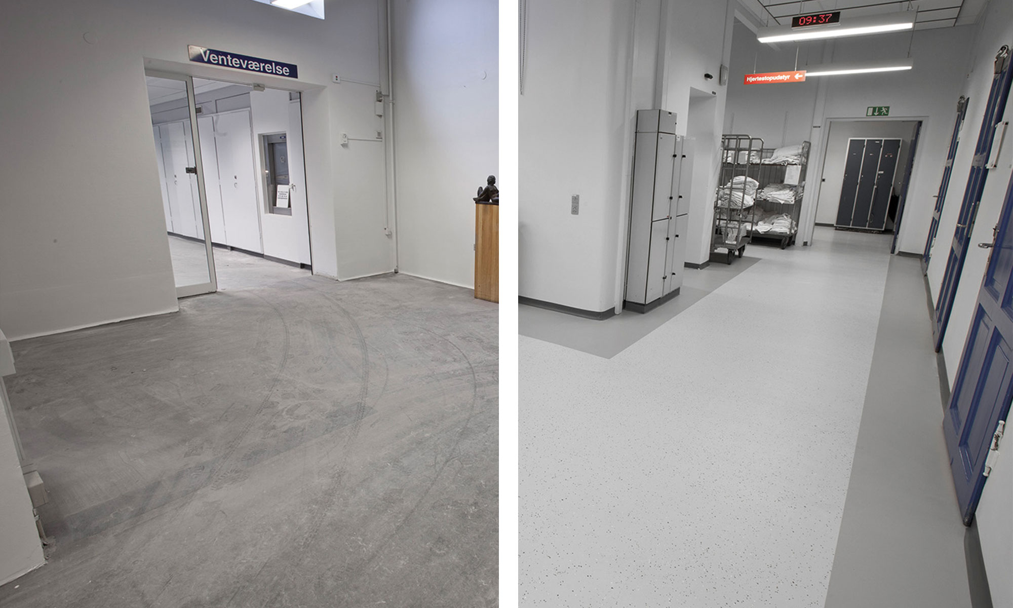 Vorher-Nachher-Ansicht eines Krankenhausflurs mit neu saniertem Boden.