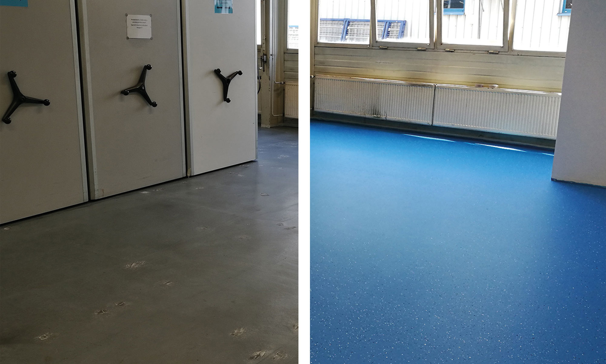 Vorher-Nachher-Bild eines Lagerraums mit blau beschichtetem Boden nach der Sanierung.
