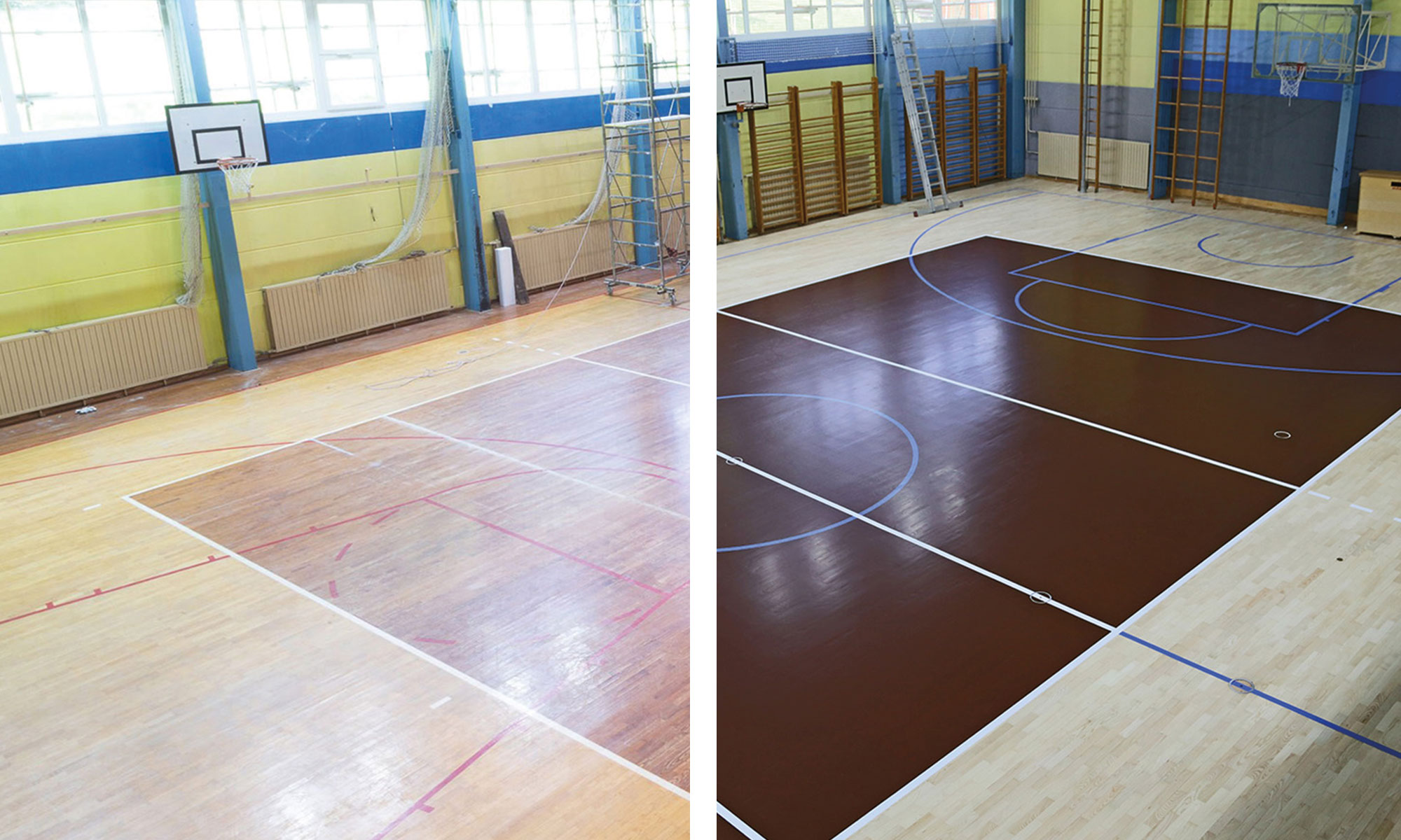 Vorher-Nachher-Bild einer Turnhalle mit saniertem Sportboden und neuen Spielfeldmarkierungen.