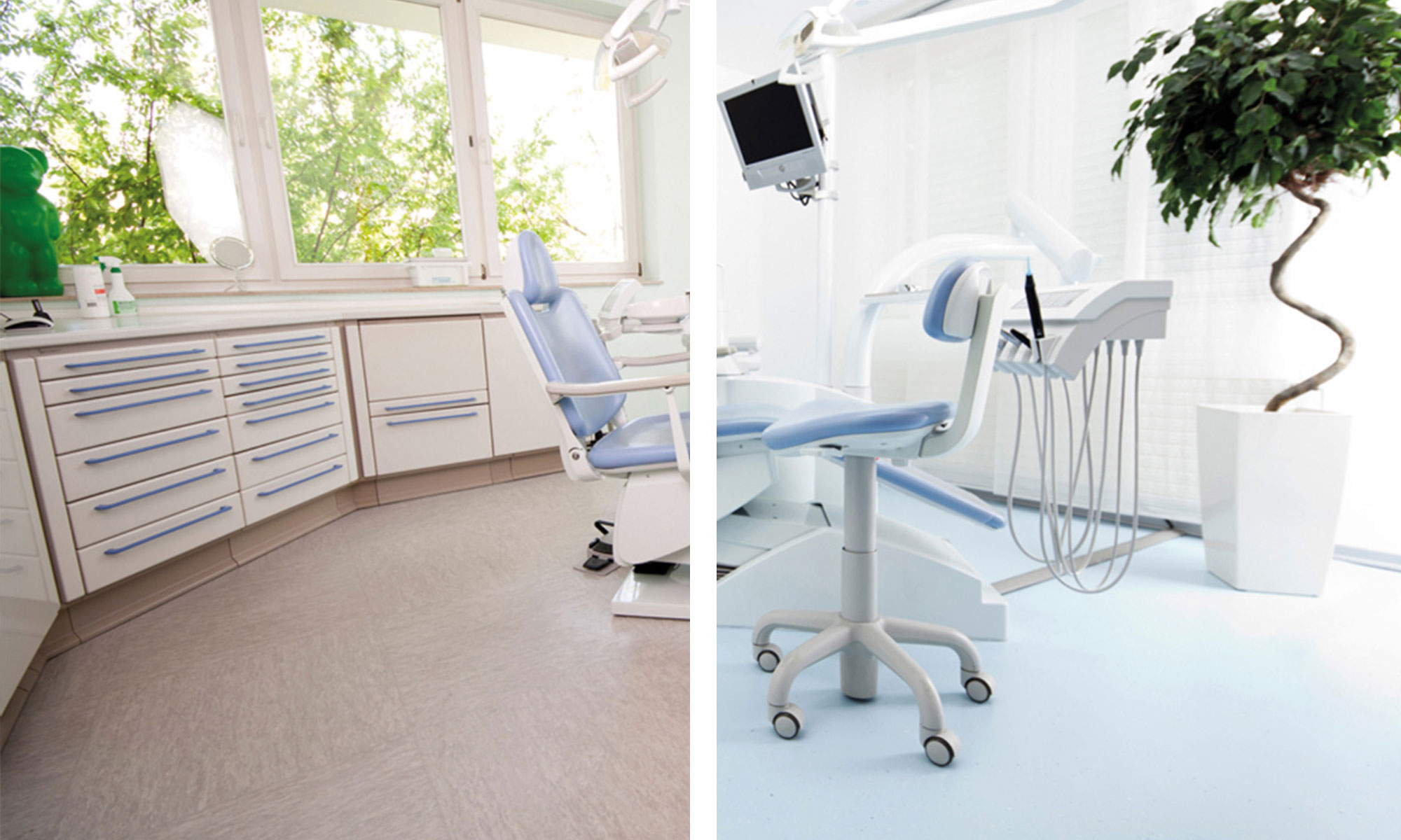Vorher-Nachher-Bild einer Zahnarztpraxis mit modernisiertem Boden im Behandlungsraum.