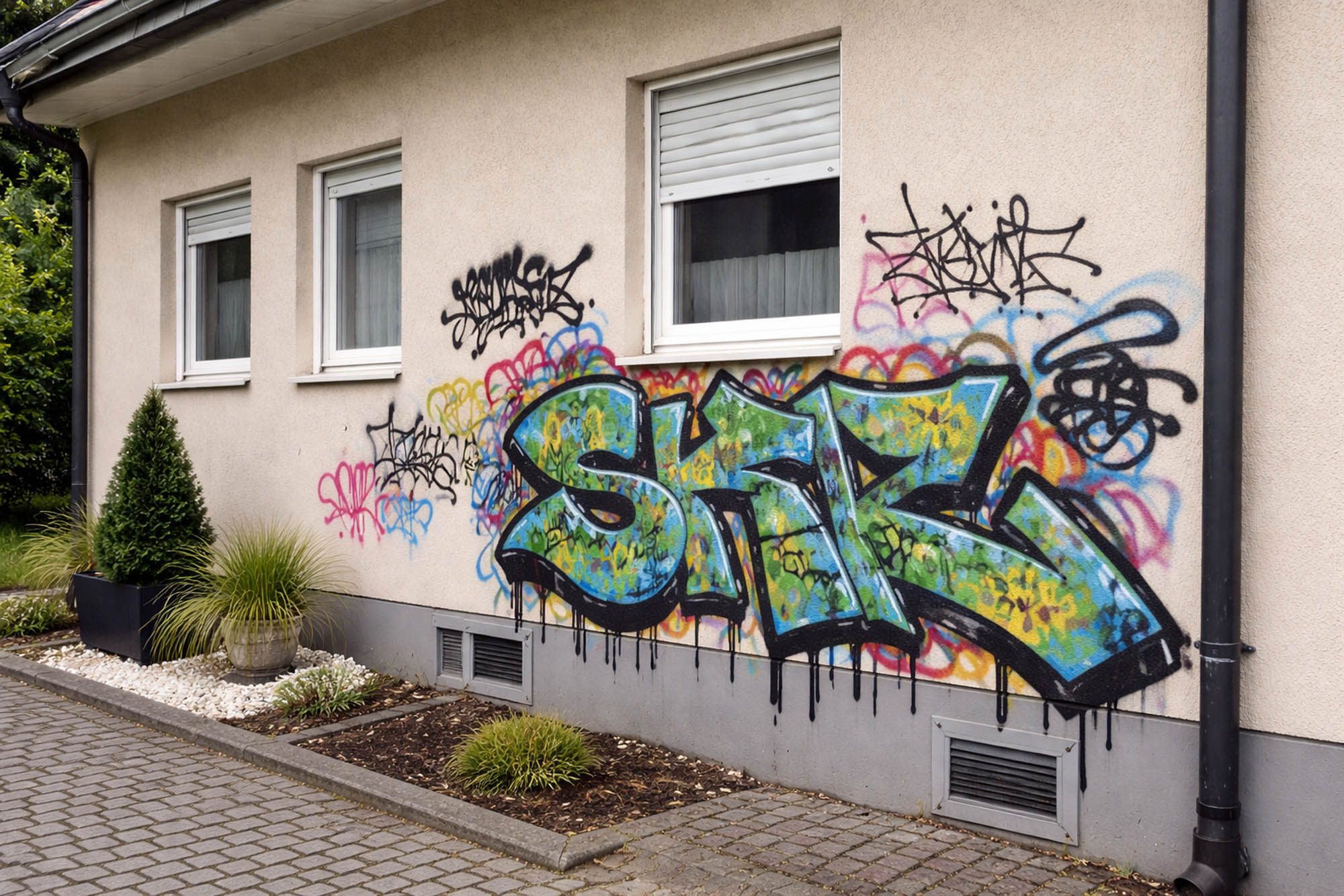 Hausfassade mit großflächigem buntem Graffiti vor der Graffitientfernung