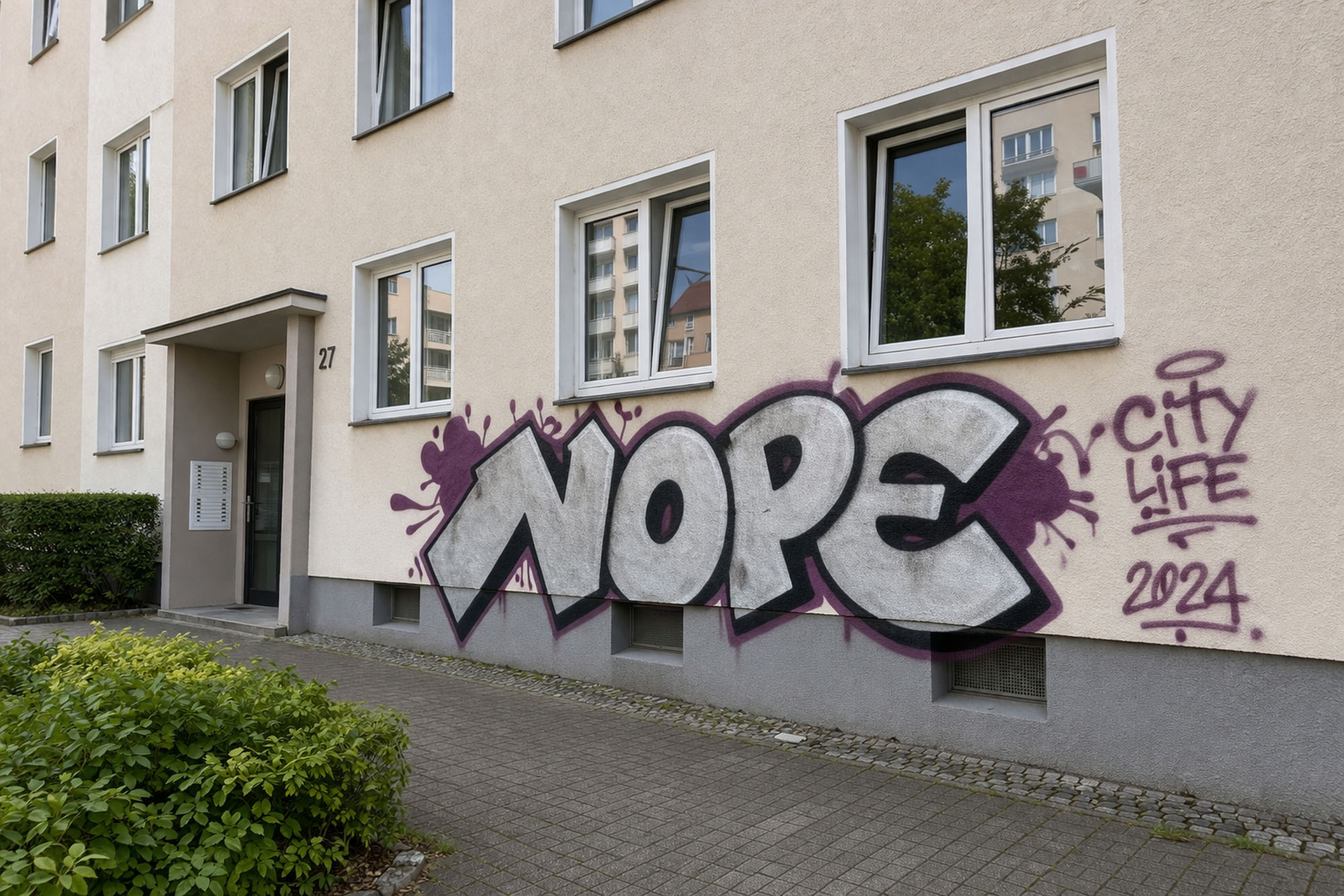 Hausfassade mit großem Graffiti-Schriftzug vor der Graffitientfernung