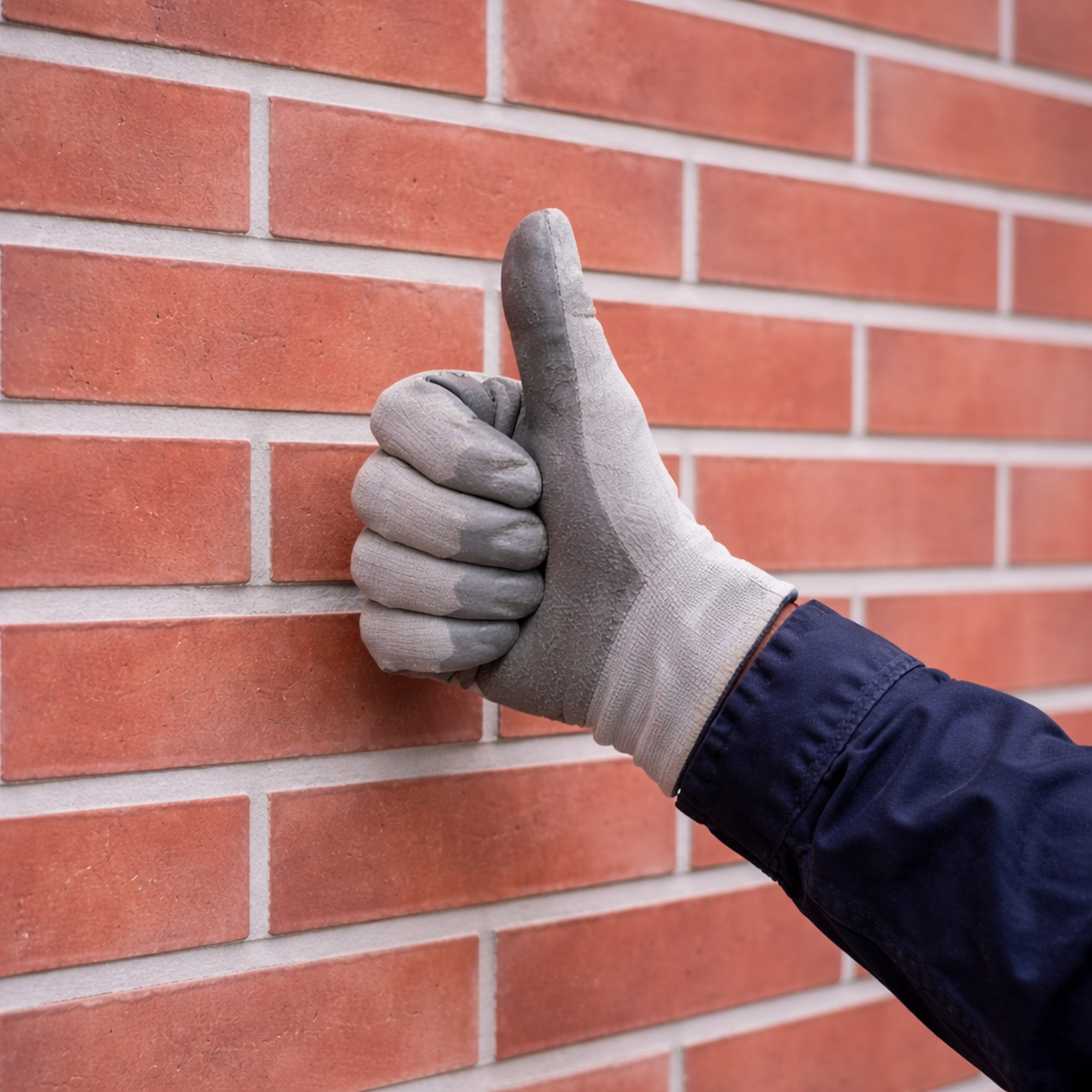 Handschuh mit Daumen hoch vor sauber gereinigter Klinkerwand nach erfolgreicher Graffitientfernung