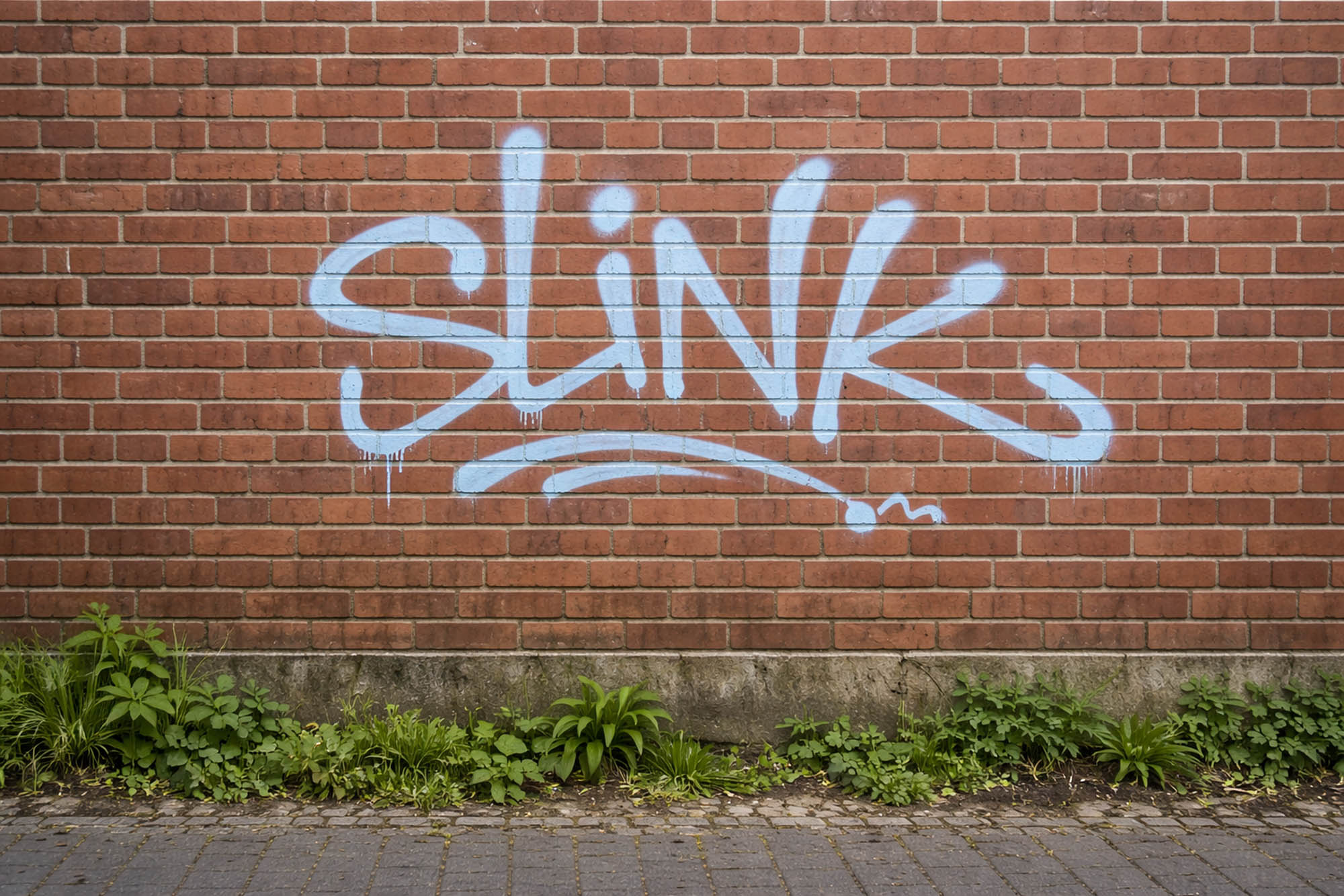 Klinkerwand mit blauem Graffiti-Schriftzug vor der professionellen Graffitientfernung
