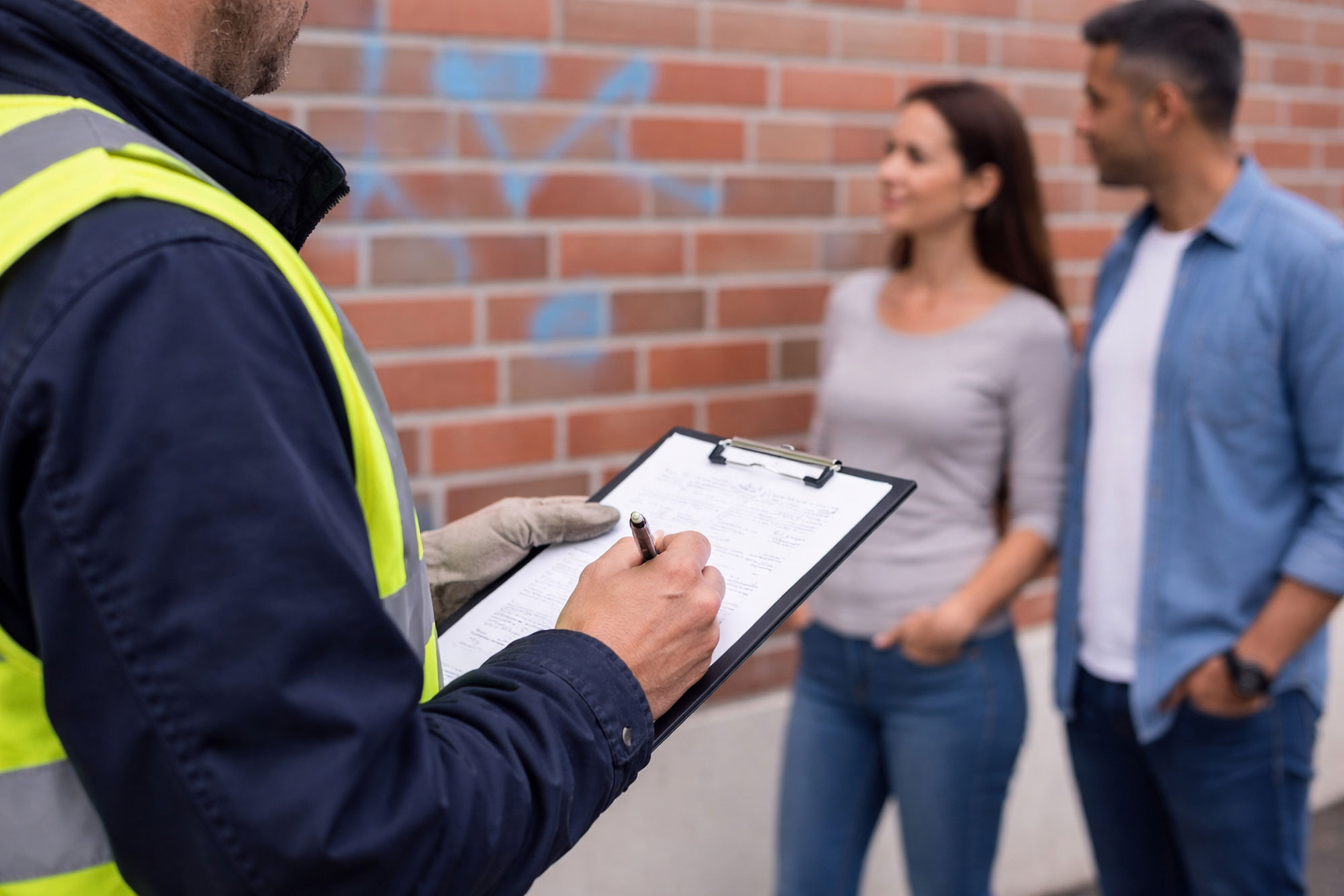 Mitarbeiter bespricht das Vorgehen zur Untergrundreinigung mit einem Kundenpaar vor einer Klinkerwand.