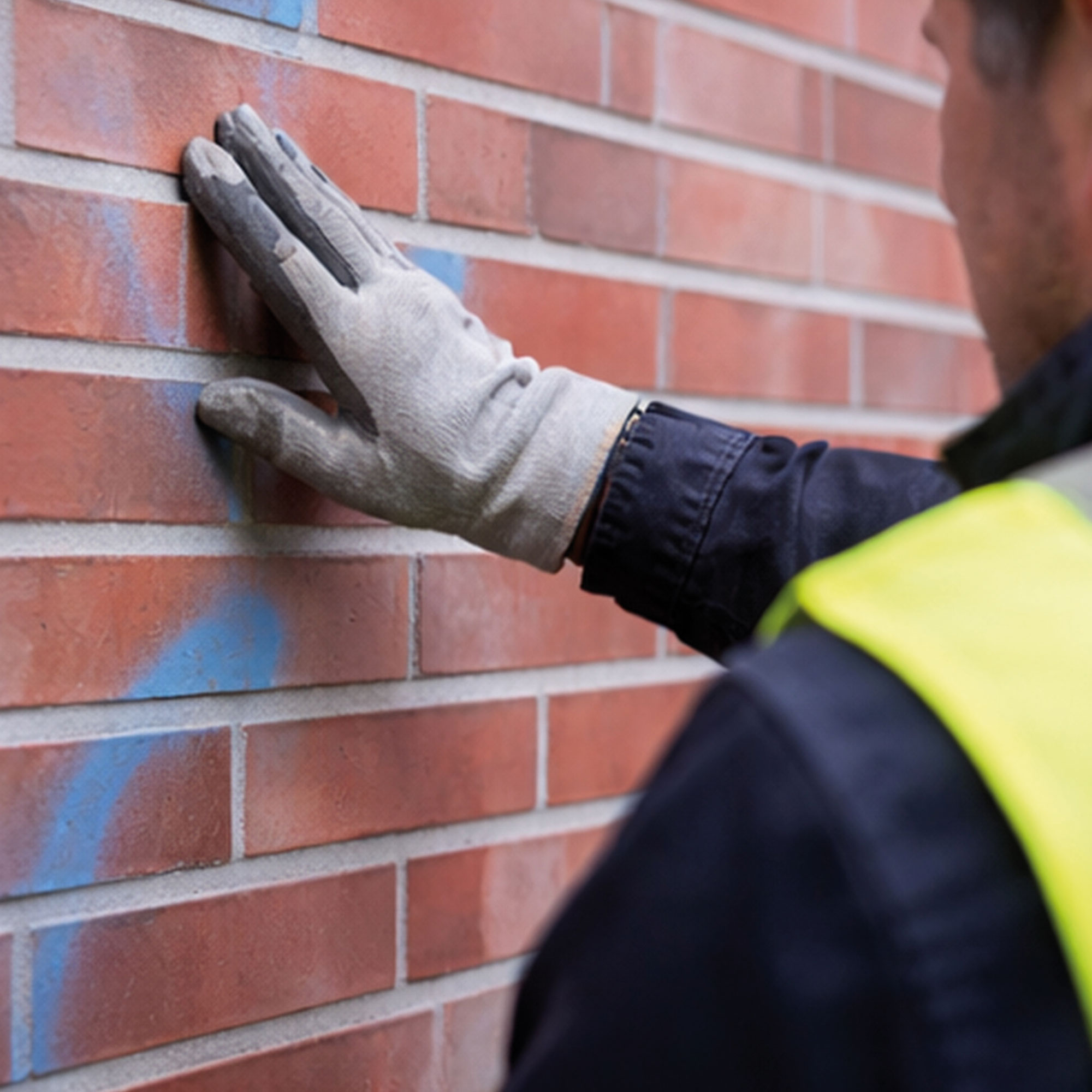 Fachkraft prüft eine Klinkerwand mit Graffiti vor der Auswahl der Reinigungsmethode.