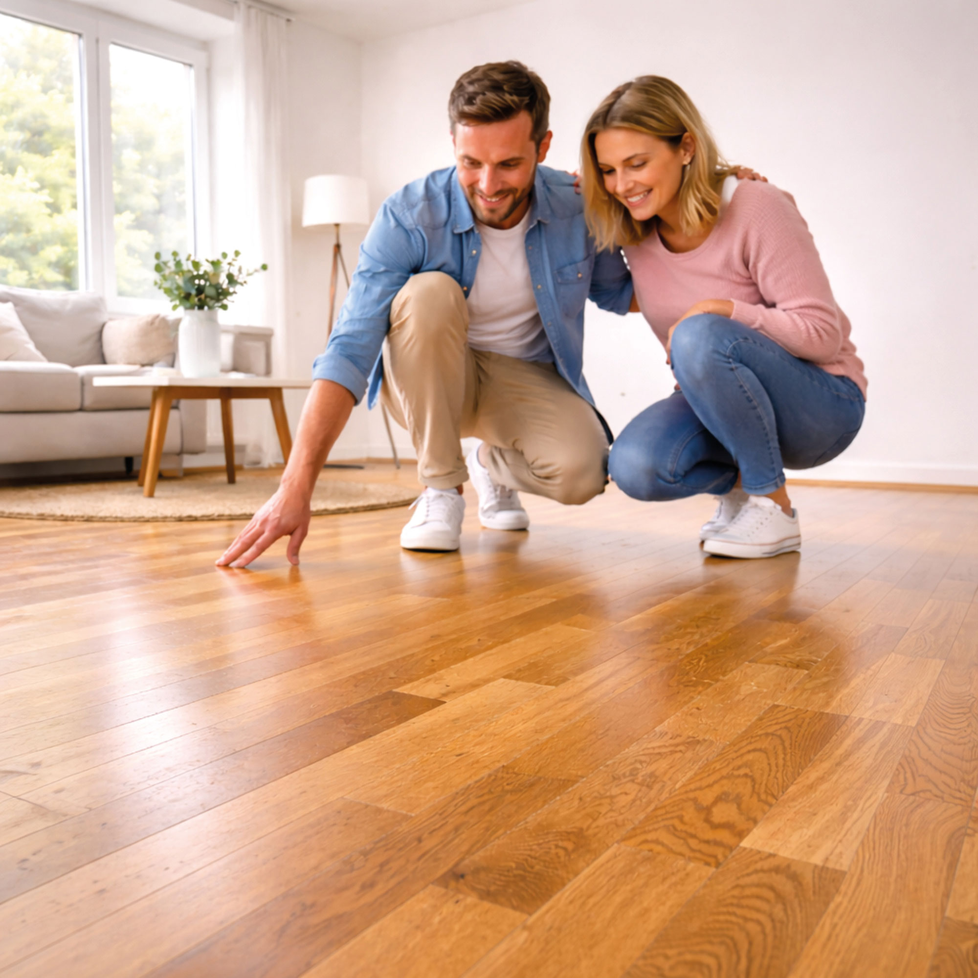 Paar betrachtet einen frisch geschliffenen Parkettboden in einem hellen Wohnraum.