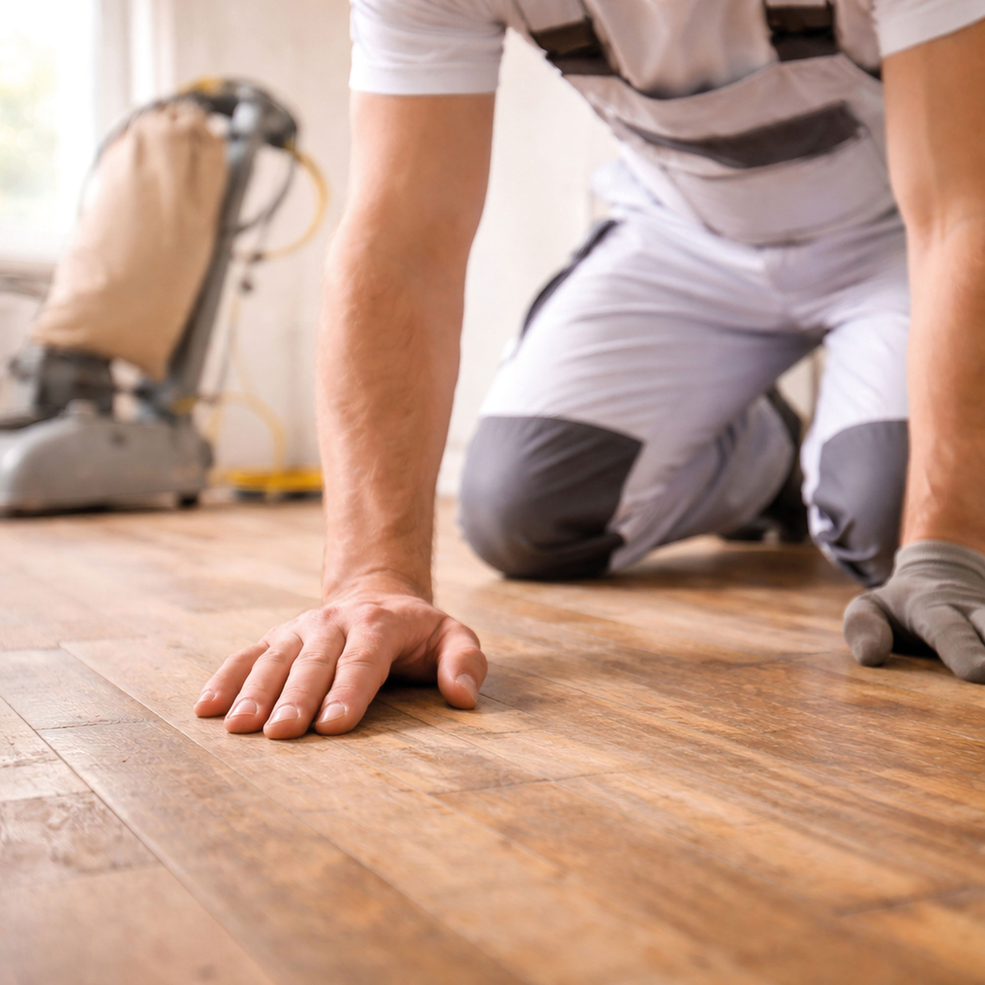 Handwerker prüft einen Parkettboden vor dem Abschleifen, im Hintergrund steht eine Schleifmaschine.