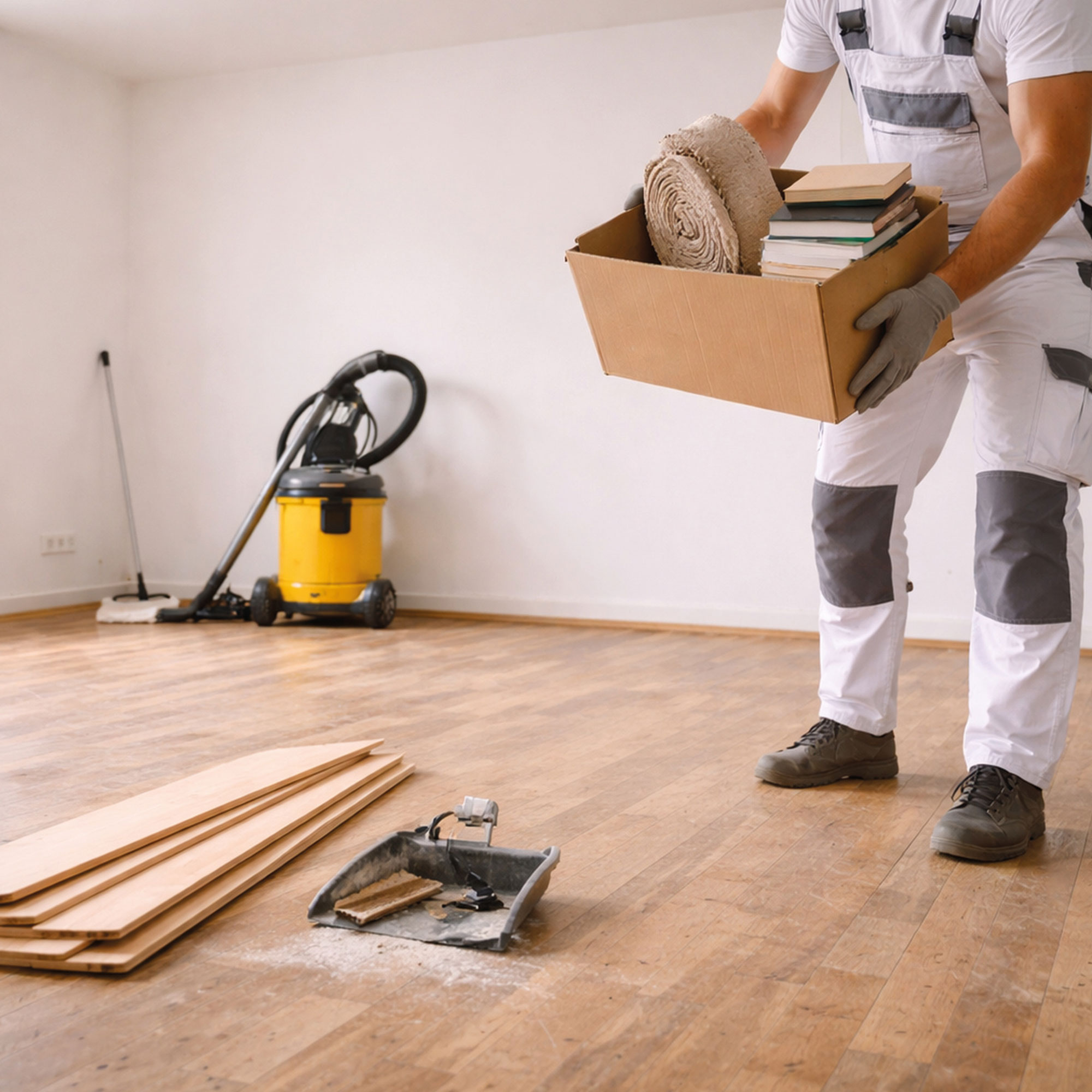 Handwerker räumt einen Raum aus und bereitet den Boden für das Abschleifen vor.